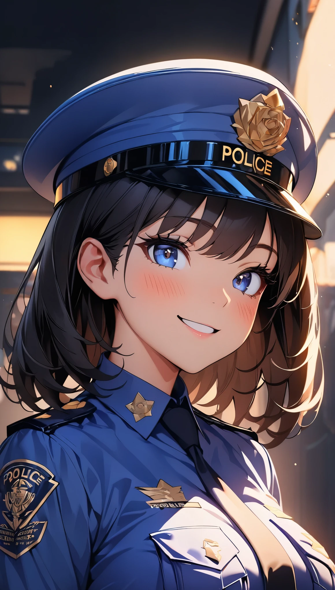 (Highest quality:1.2, Very detailed, up to date, Vibrant, 超High resolution, High Contrast, masterpiece:1.2, Highest quality, Best aesthetics), (((1 girl))), Beautiful police officer, Carefully drawn police equipment, Police uniform, Professionalism, Bright colors, Soft lighting, Expressive eyes, Detailed lips, Long eyelashes, Pleasant atmosphere, incite inferiority, Obscene eyes, Lewd smile, Open your mouth, blush, Fatty face:1.2, Bust Shot, Positive Energy, Calm background, A nurturing presence, High resolution, Sharp focus.