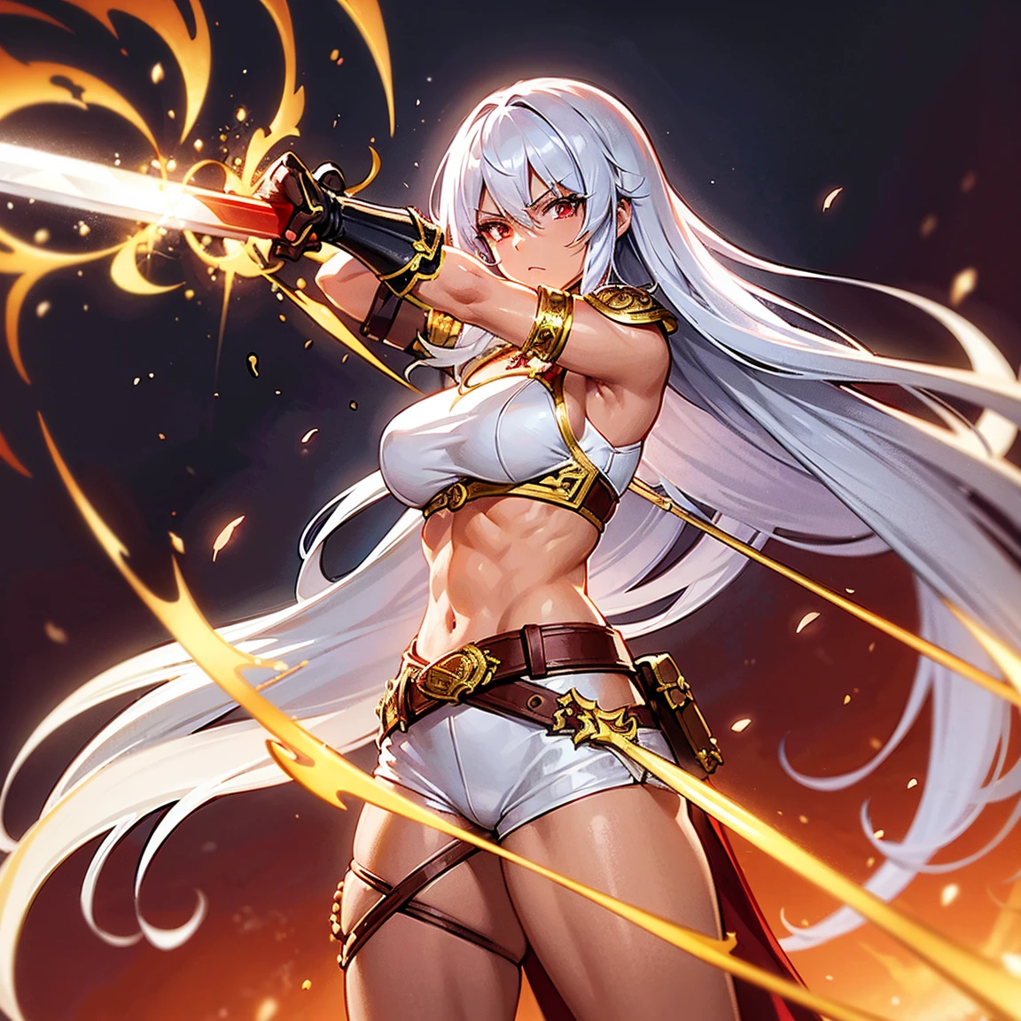 "Create an anime-style character of a strong, muscular female warrior. She has dark bronze skin and long white hair. She is dressed in a white crop top and loose, baggy beige pants adorned with red and gold accents. Her accessories include gold and red armbands, a decorative red belt, and gladiator sandals. She wields a large, intricately designed sword. The style should be highly detailed, vibrant, and dynamic, capturing the essence of fantasy and anime character designs."