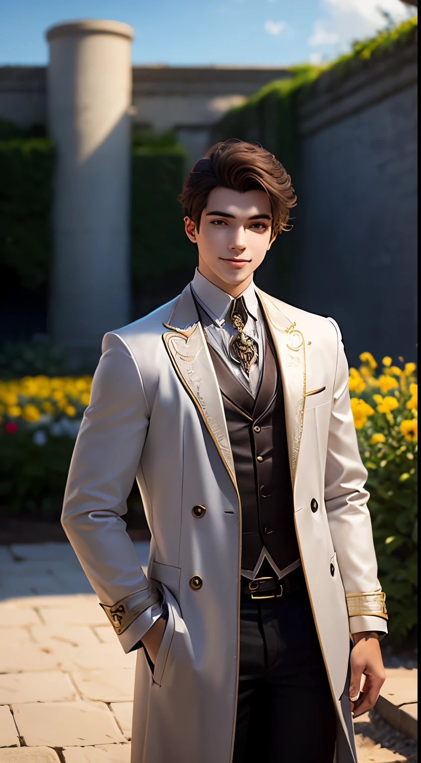 A nice young man with long coats.  Stand smiling.  In the garden of roses, big flowers., brown hair, glowing eyes, smile, modern, depth of field, god rays, multiple views, UHD, anatomically correct, textured skin