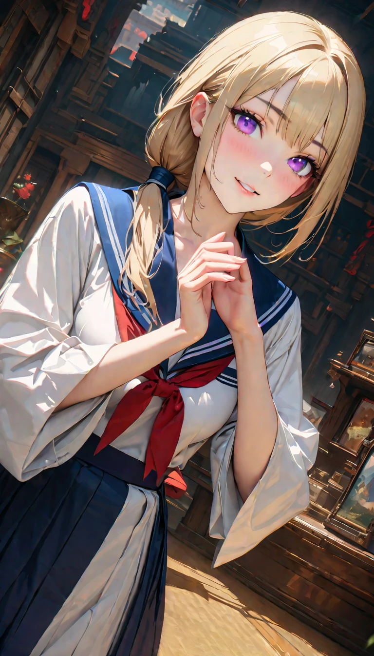 Modern, Verism, masterpiece, Textured skin, Super Detail, Highest quality, 16K , live-action、Beautiful woman ,Sailor suit, She has her chin on her hand, Looking into the camera, The setting is my dimly lit room late at night、Super shiny long blonde hair、Make up image of young woman with captivating violet eyes。A cute and cunning face(Highest quality,masterpiece),Absurd,High resolution,Very detailed,Very detailed,32K,8k resolution, Intricate details,Movie Scenes,Detailed Background,alone,Dynamic Angle(masterpiece,Highest quality,超High resolution),Japanese women, (((Very beautiful 25 year old girl))), pretty girl、Look at the photographer、 ((Beautiful low ponytail)), Very cute face, Glossy Lips, Double eyelids on both eyes,Natural smile、 Natural Makeup, Long eyelashes, Shiny and smooth hair、Center image, Perfect limbs, Perfect Anatomy