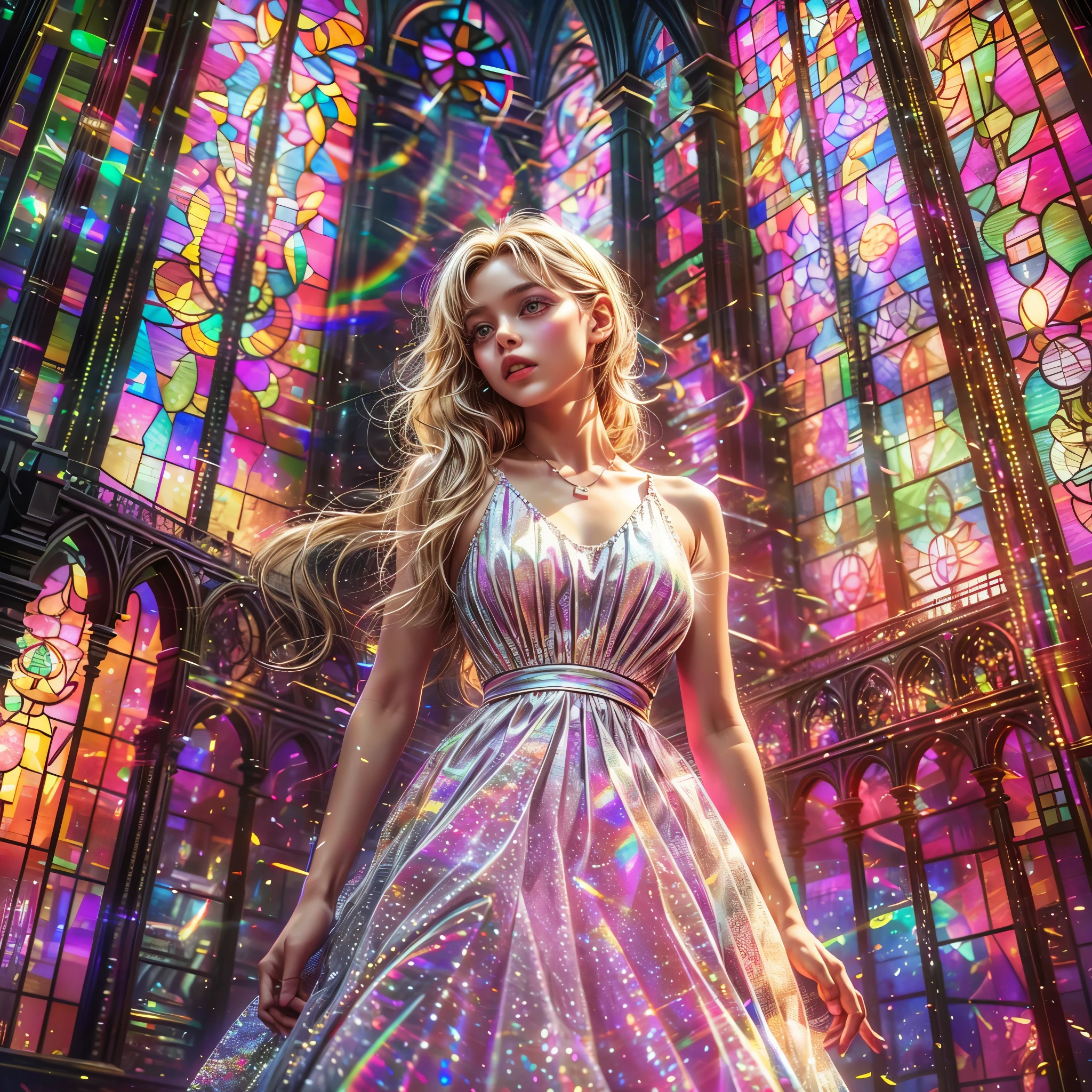 Red carpet (Cathedral from below:1.28) VolumetricLighting (FullBody ZoomedOut:1.28 Wide-shot) ZoomLayer (BokeH:1.32), TopQuality 8K masterpiece of ((Professional photo)), (((Clarisse de Cagliostro))) (Detailed Delicate White Dresses), Chain, Extremely detailed (KAWAII face) {(VeiledFace)|BlondeHair|(Spanking BuleEyes)}, The background is distant (((Elaborate stained glass))) Rainbow Glass, (MysticSight) {(GodRays)|Haze|TyndallEffect}, Radiant PearlSkin with Transparency, (Exposed:0.38)