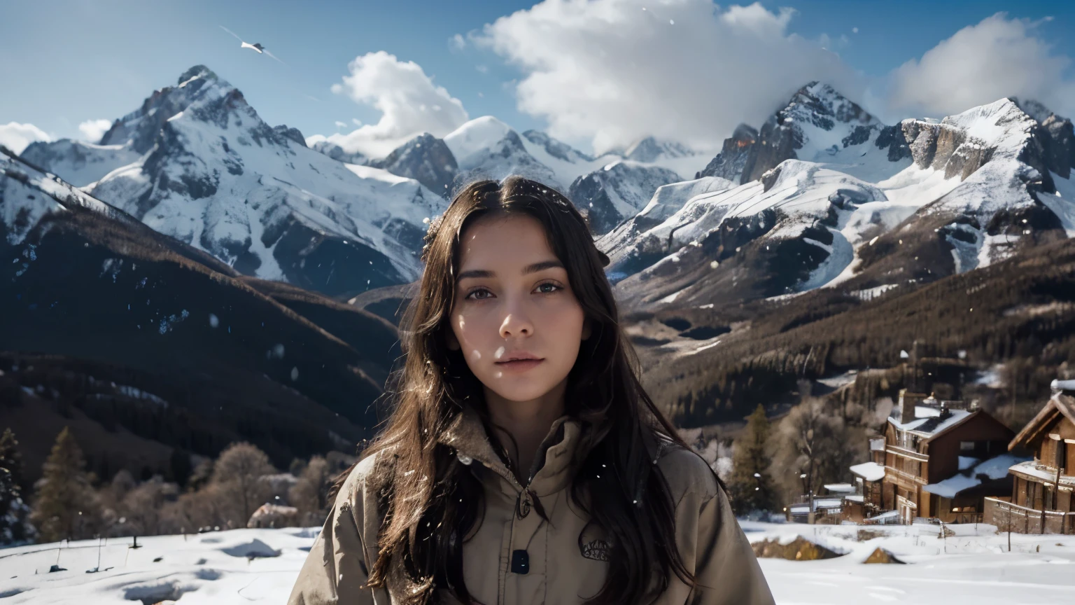 ((master piece)),best quality, illustration, dark, 1girl, In the wilderness,High mountain,Snow-capped mountains in the distance, castle, beautiful detailed eyes, beautiful detailed hair,