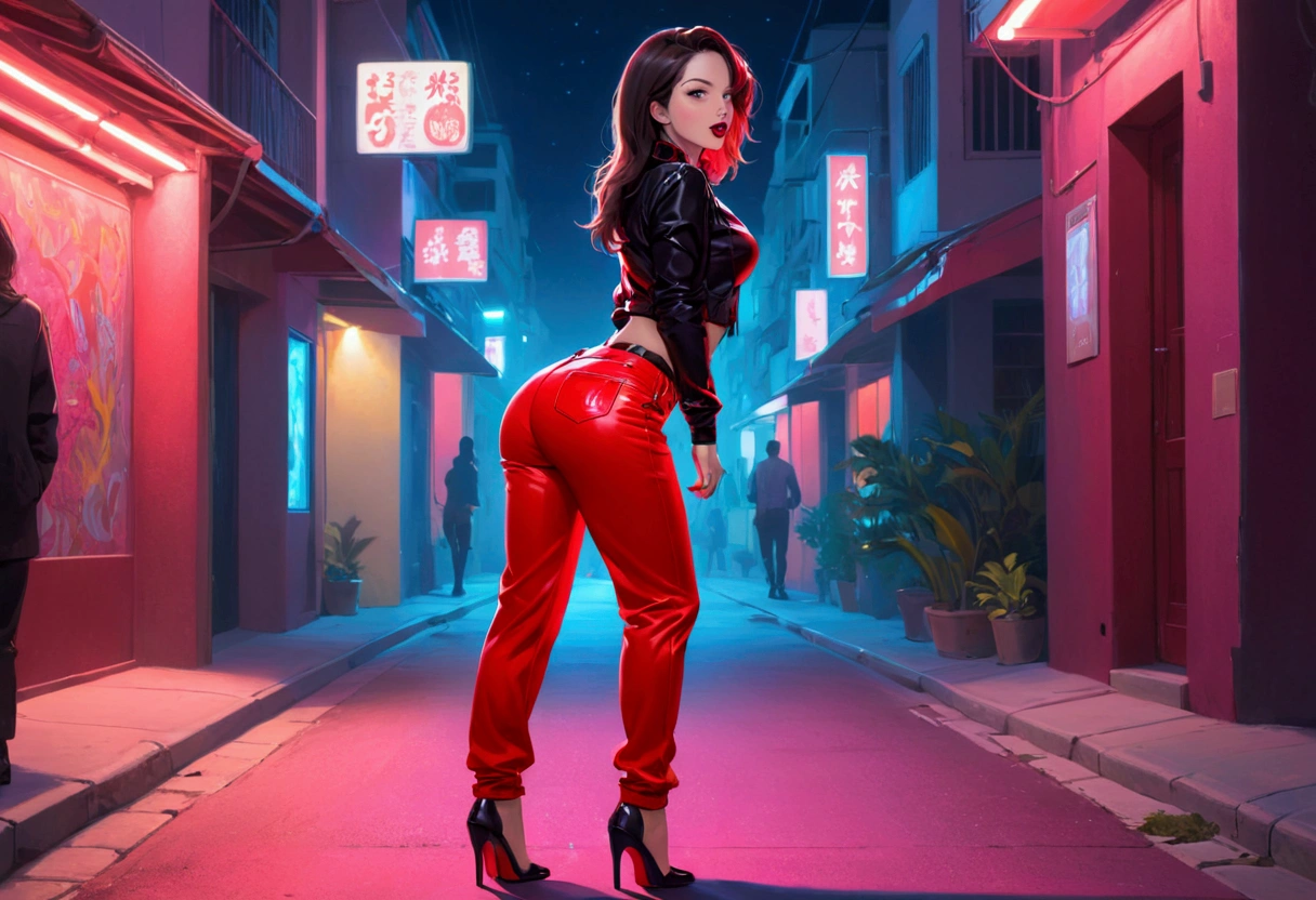 At night, in a street with red neons, a sexy woman wearing nice pants showing off her ass and showing her tongue