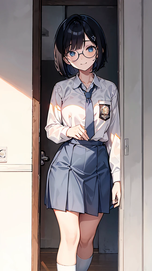 Best quality, 1 woman, 17 years old, (short bob haircut, black hair), scared face expression, plump body, blue eyes, Indonesian high-school uniform, (wearing transparent white shirt, long sleeves), osis logo on shirt pocket, medium breasts, light-grey long skirt, light-grey tie, standing pose, full body shot, shy face, smiling, blush, looking_at_viewer, glasses, black-framed eyewear, in the classroom,