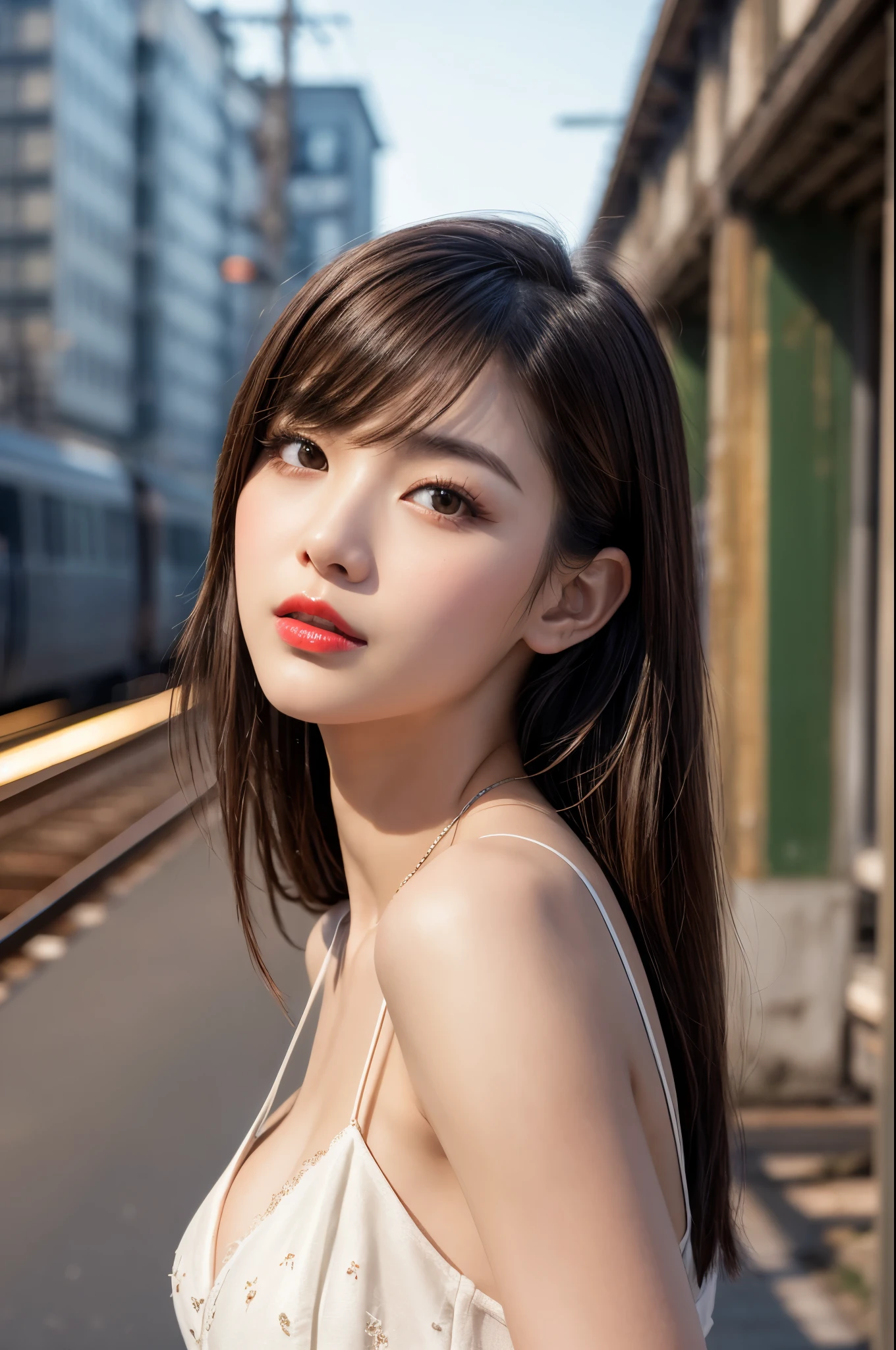 realistic photos of (1 cute Korean star) flipped hair, thin makeup, big breasts size, extreme micro bunny theme red lingerie together with extreme micro bunny theme red G-string, at the train station, clear facial features of Canon EOS, 16k, high resolution, sharp and realistic details, overexposure, cut-in, UHD, highres, best quality