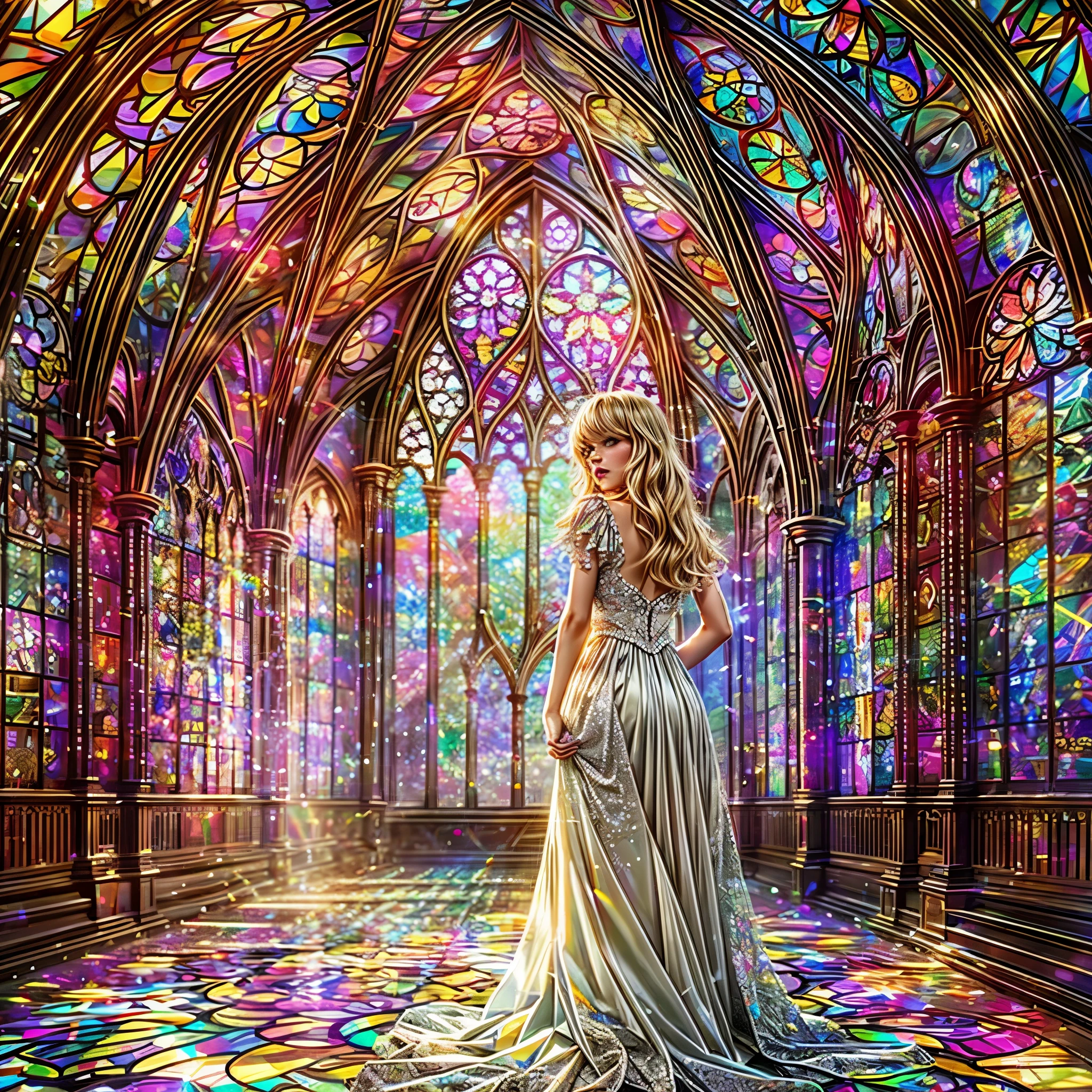 Red carpet (Cathedral from below:1.28) VolumetricLighting (FullBody ZoomedOut:1.28 Wide-shot) ZoomLayer (BokeH:1.32), TopQuality 8K masterpiece of ((Professional photo)), (((Clarisse de Cagliostro))) (Detailed Delicate White Dresses), Chain, Extremely detailed (KAWAII face) {(VeiledFace)|BlondeHair|(Spanking BuleEyes)}, The background is distant (((Elaborate stained glass))) Rainbow Glass, (MysticSight) {(GodRays)|Haze|TyndallEffect}, Radiant PearlSkin with Transparency, (Exposed:0.38)