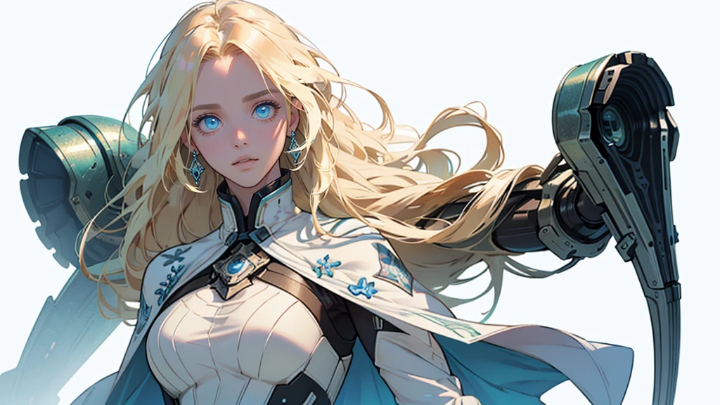 Beautiful woman , extremely long hair , blonde hair , green eyes , 32,
(masterpiece:1.3), (best quality:1.3), high-resolution, watercolor pencil, Head-on angle, upper body, Body facing forward, (upright:1.3), (arms at sides:1.3), solo, blue eyes, beautiful detailed eyes, Futuristic clothing, mechanical suit, (white background:1.2), simple background, concept art, shadow lighting, beautiful detailed glow, best illuminate, (((best quality, textile shading, ultra detailed))), extremely detailed CG unity 8k wallpaper, Highly Detailed beautiful and aesthetic, best light, high resolution, detailed, dynamic lighting, 1Character, pastel washed out colors , cell shade , soft, muted shades ,gentle colors ,
