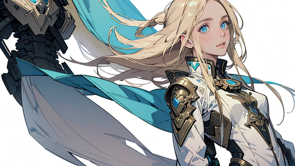 Beautiful woman , extremely long hair , blonde hair , green eyes , 32,
(masterpiece:1.3), (best quality:1.3), high-resolution, watercolor pencil, Head-on angle, upper body, Body facing forward, (upright:1.3), (arms at sides:1.3), solo, blue eyes, beautiful detailed eyes, Futuristic clothing, mechanical suit, (white background:1.2), simple background, concept art, shadow lighting, beautiful detailed glow, best illuminate, (((best quality, textile shading, ultra detailed))), extremely detailed CG unity 8k wallpaper, Highly Detailed beautiful and aesthetic, best light, high resolution, detailed, dynamic lighting, 1Character,  pastel washed out colors , cell shade , soft, muted shades ,gentle colors ,