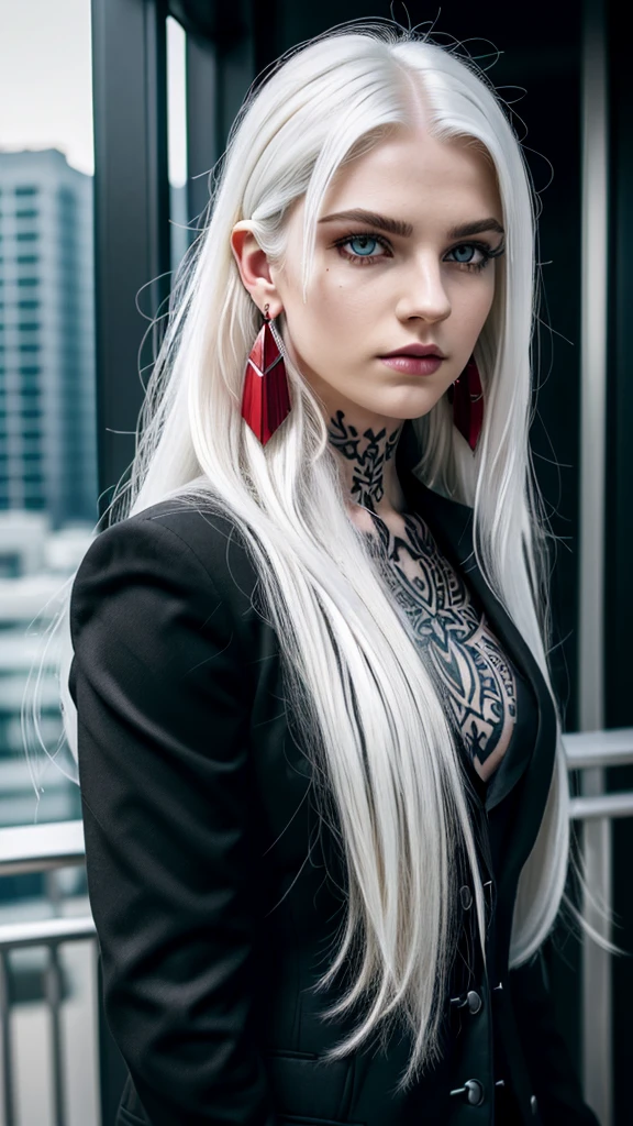 (((Handsome young man))), (((male))), solo, (gothic style), (((super pale white skin))), smooth skin, (bright skin:1.3), strong jaw, wide chin, sharp features, (((long messy white hair))), bangs, (((wavy and textured white hair))), (((white colored hair))), (((red vibrant colored eyes))), (((sharp eyes))), thick black eyebrows, small nose, majestic, handsome, classy, (strong muscular frame), (((wide shoulders))), (((wearing a black suit))), (((red dangling earrings))), (((face tattoo))), (balcony night city setting), Soft light, detailed, (highres:1.2), (enchanced quality:1.4), (Top quality true texture skin), vivid colors, colorful, ultrahigh res, octane render unreal engine, (high contrast), volumetrics dtx, (photorealistic:1.4), UHD, HDR, sharp focus, hyperrealistic, high quality, 16k