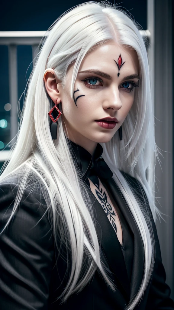 (((Handsome young man))), (((male))), solo, (gothic style), (((super pale white skin))), smooth skin, (bright skin:1.3), strong jaw, wide chin, sharp features, (((long messy white hair))), bangs, (((wavy and textured white hair))), (((white colored hair))), (((red vibrant colored eyes))), (((sharp eyes))), thick black eyebrows, small nose, majestic, handsome, classy, (strong muscular frame), (((wide shoulders))), (((wearing a black suit))), (((red dangling earrings))), (((face tattoo))), (balcony night city setting), Soft light, detailed, (highres:1.2), (enchanced quality:1.4), (Top quality true texture skin), vivid colors, colorful, ultrahigh res, octane render unreal engine, (high contrast), volumetrics dtx, (photorealistic:1.4), UHD, HDR, sharp focus, hyperrealistic, high quality, 16k