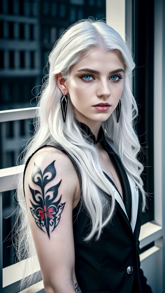 (((Handsome young man))), (((male))), solo, (gothic style), (((super pale white skin))), smooth skin, (bright skin:1.3), strong jaw, wide chin, sharp features, (((long messy white hair))), bangs, (((wavy and textured white hair))), (((white colored hair))), (((red vibrant colored eyes))), (((sharp eyes))), thick black eyebrows, small nose, majestic, handsome, classy, (strong muscular frame), (((wide shoulders))), (((wearing a black suit))), (((red dangling earrings))), (((face tattoo))), (balcony night city setting), Soft light, detailed, (highres:1.2), (enchanced quality:1.4), (Top quality true texture skin), vivid colors, colorful, ultrahigh res, octane render unreal engine, (high contrast), volumetrics dtx, (photorealistic:1.4), UHD, HDR, sharp focus, hyperrealistic, high quality, 16k