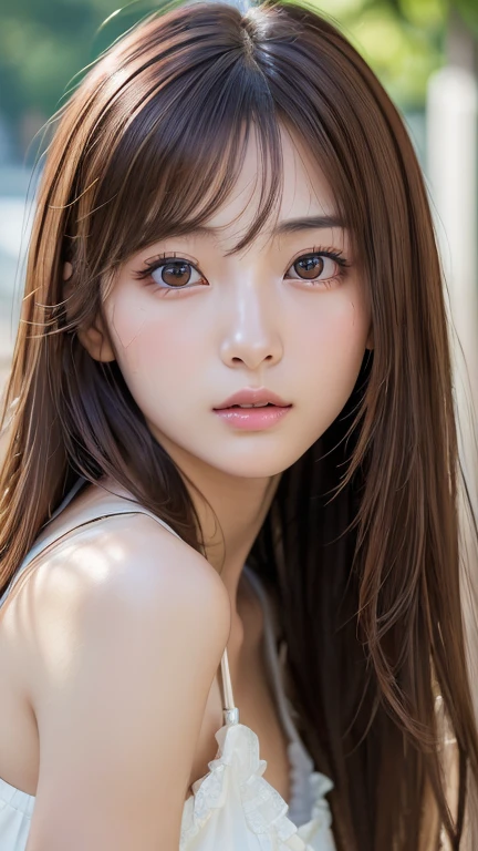 (masterpiece:1.3), (Photorealistic, RAW Photos, Highest quality: 1.4), Skinny Japanese woman, 23 years old, (One Girl), (A vivid face), Detailed face, Detailed eye resolution, (Brown hair, Fluttering Hair、Long Hair:1.3), (Realistic Skin), (Black camisole), Ultra-high resolution, Surreal, High definition, 