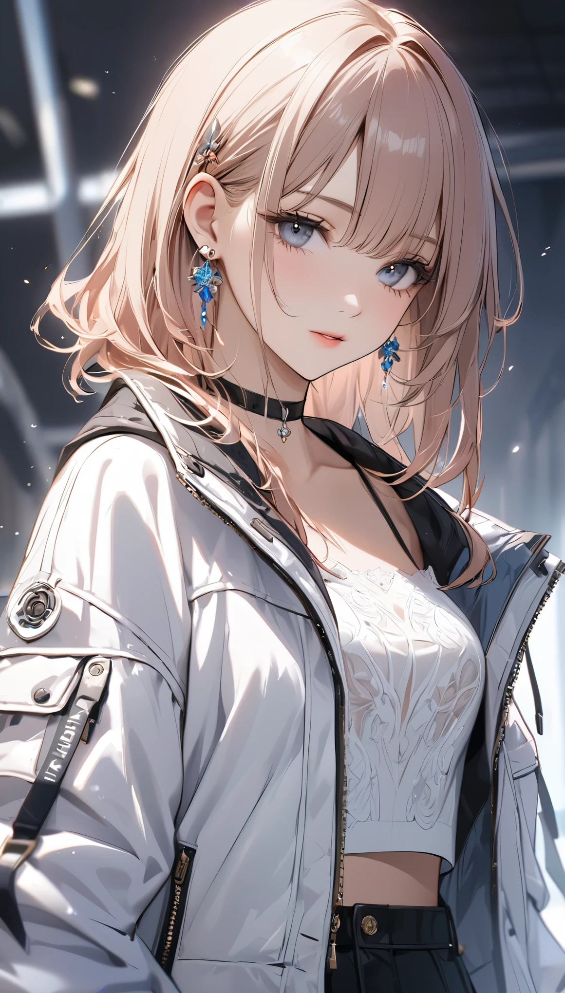 best quality, super_delicate, beautiful, 8k, jacket, earrings, choker, concept