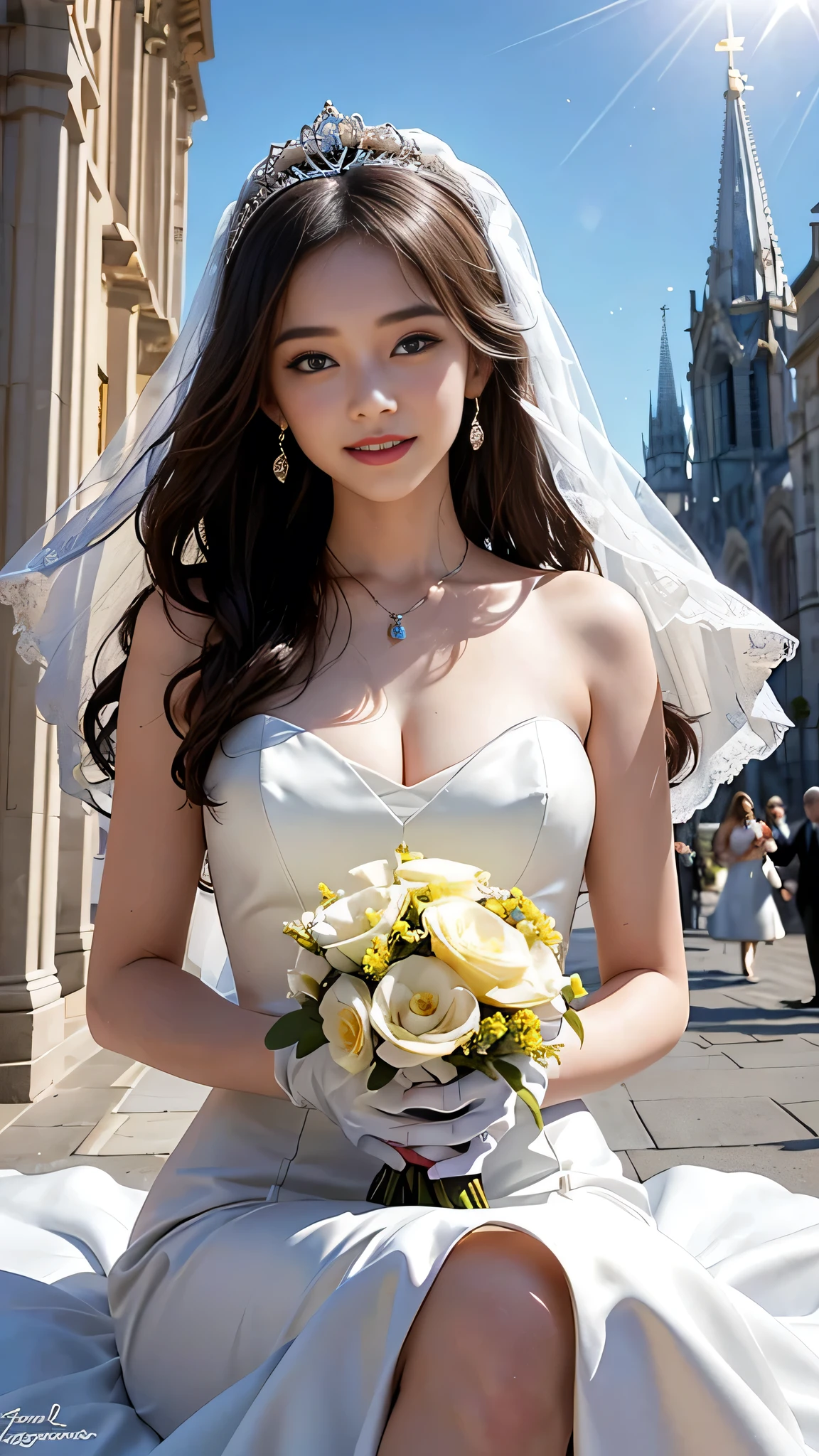 best quality, masterpiece, please let her sit down, 1 girl, huge laugh, cute , shiny lips, sweet, sun glare, Conservative attire, bell-line wedding dress, white gloves, bouquet, bridal tiara, depth of field, blurred background, Cathedral Background, light particles, strong wind, head tilt, long hair,