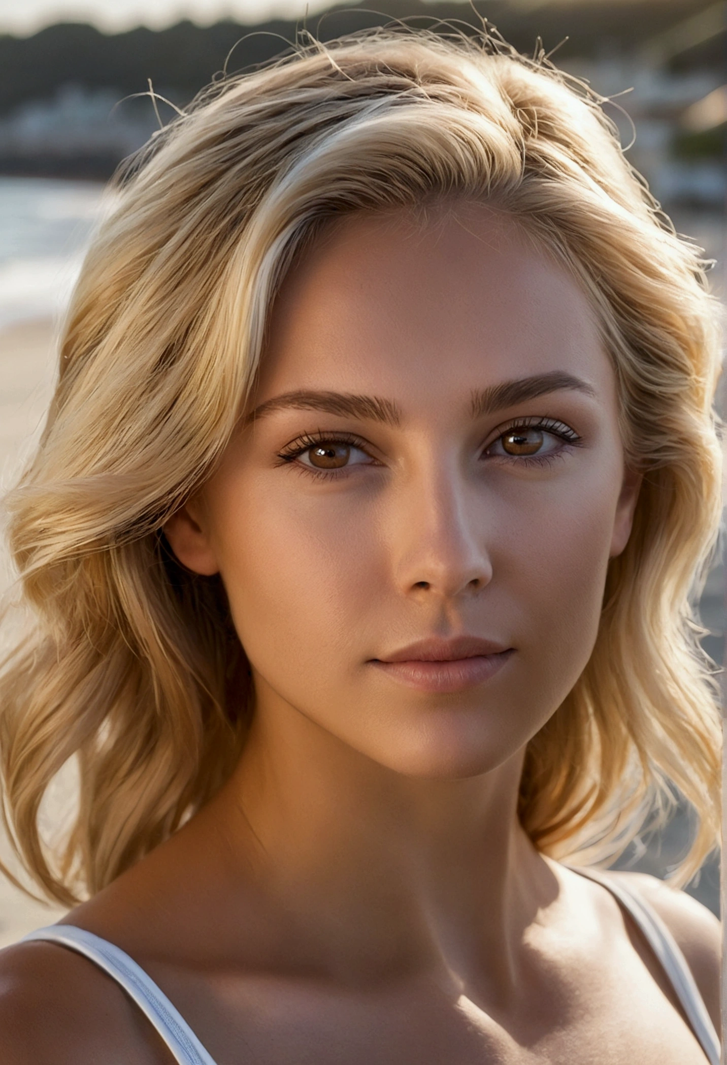 Caucasian female, OF HAIR WITH BLONDE LIGHTS, lowrise, with light brown eyes, at beach