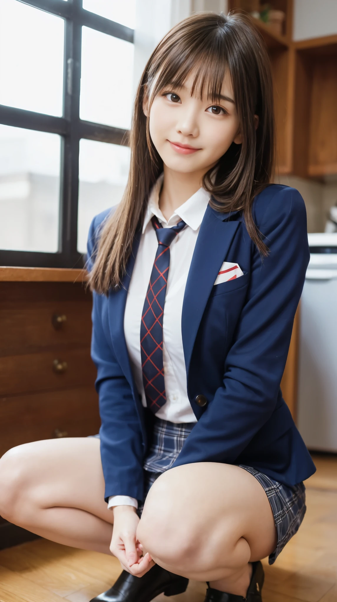 Best-quality, Masterpiece, Ultra-High-Resolution, (Photorealistic:1.4), Raw-Photo, full-body-shot, front-view, 1girl, the most famous Japanese idol, squatting at classroom, wearing Japanese-high-school-uniform, (extremely cute face like the most popular Japanese idol, (extremely beautiful big-eyes)), extremely beautiful hair, extremely beautiful skins, extremely beautiful long-eyelashes, extremely beautiful lips, extremely beautiful short-body, extremely beautiful thighs, innocent-smile, looking at viewer, dynamic-pose, detailed Japanese-high-school-uniform