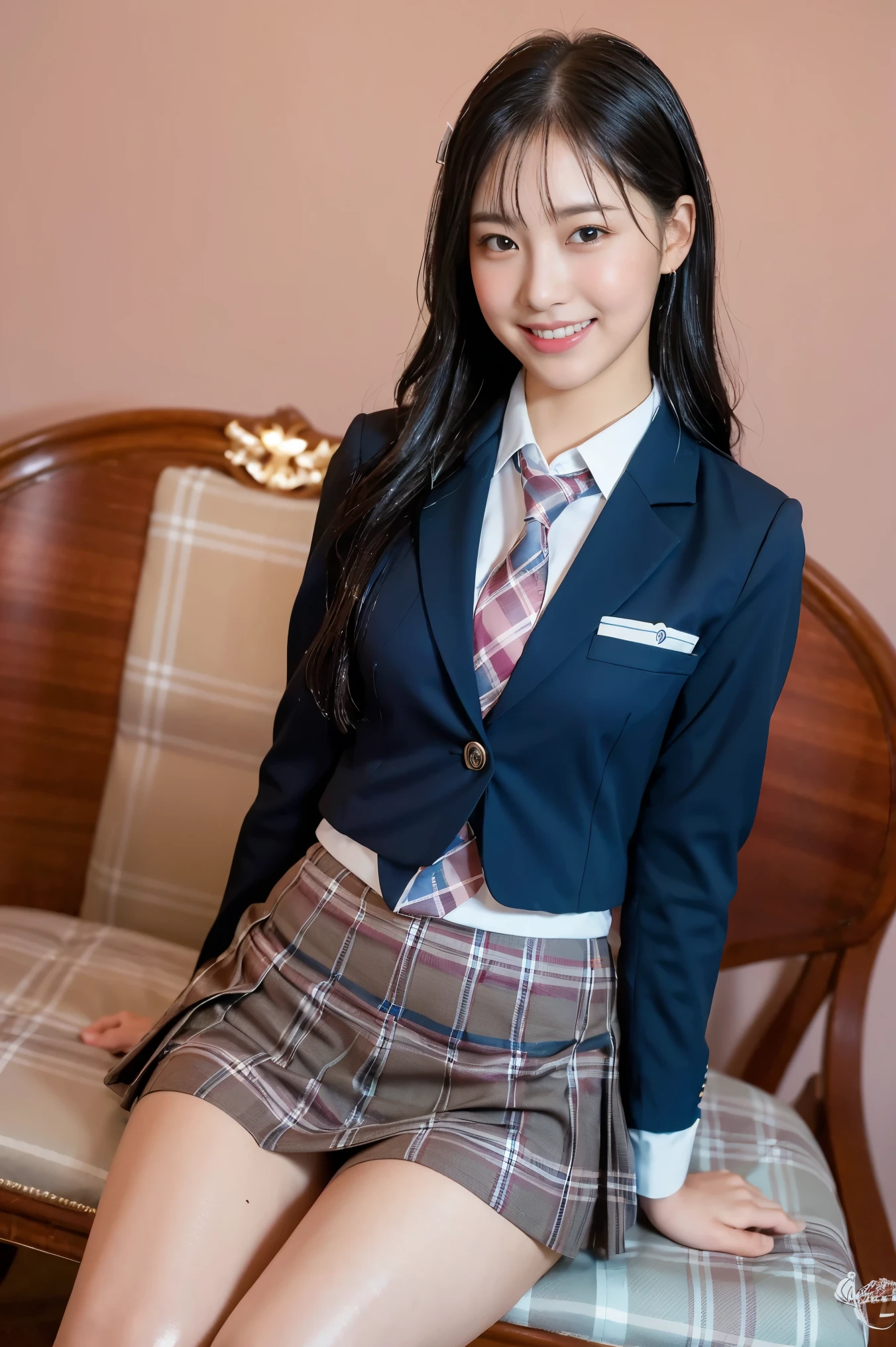 (8K), (highest quality: 1.2), (Realistic), (Realistic: 1.37), Ultra-high resolution, 1 girl, cute, (Embarrassed smile:1.2), (Blushing:1.4),Mouth closed, Beautiful details, Beautiful Nose, black straight Hair, giant dulcefo, pork, Thighs,Navel exposed,University Student Uniform,A simple blazer,Pleated skirt,(The skirt and tie are tartan check pattern.:1.3), (sitting on big chair of princess:1.2),(Shiny wet Thighs:1.4), medium shot ,(脚を閉じて:1.5)