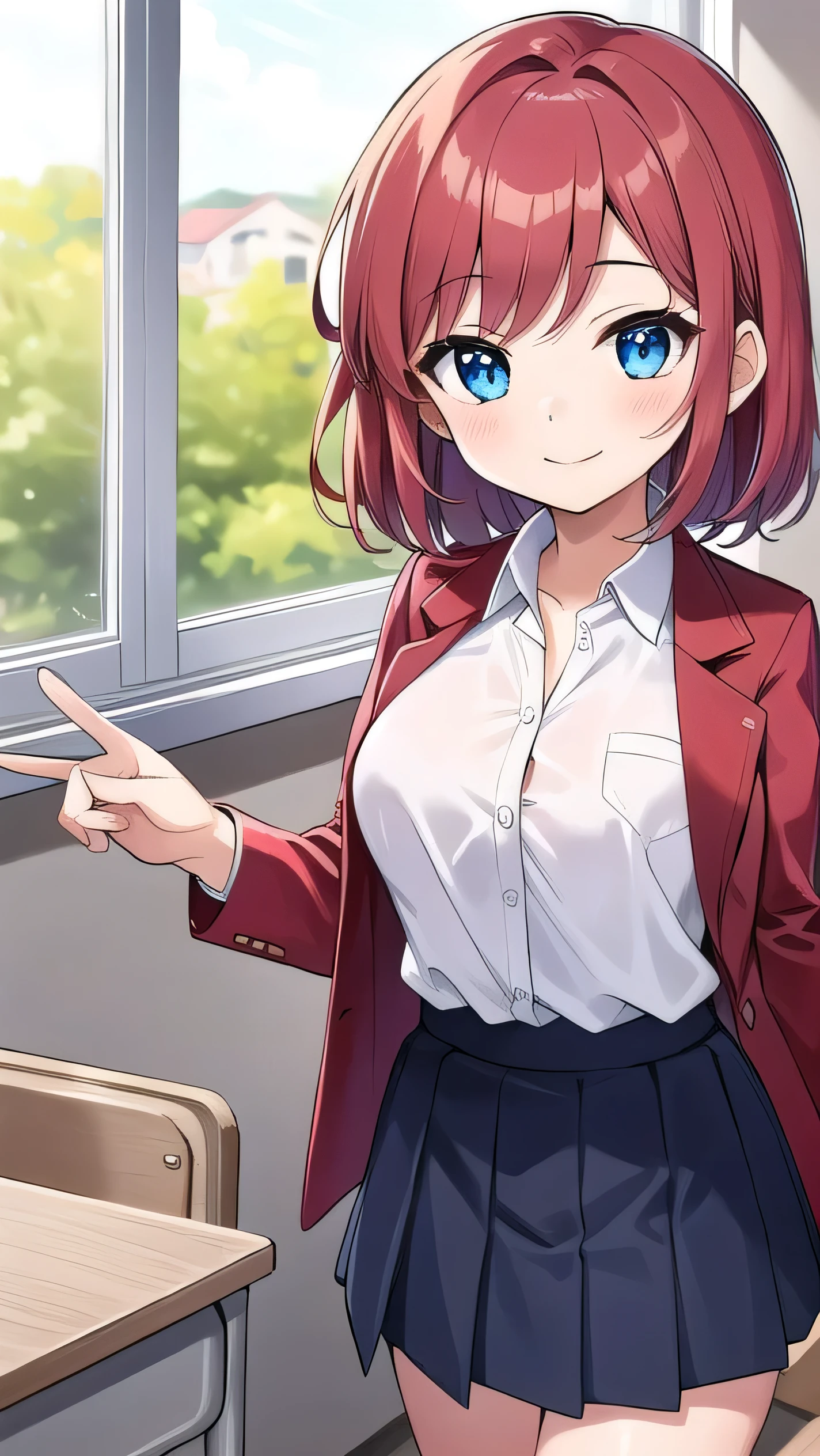 Big breasts, red hair, blue eyes, droopy eyes, red jacket, long sleeves, navy skirt, elementary school student, super big breasts, (medium hair: 1), baggy clothes, elementary school student, young face, short height, , old, shy Agari, smiling a little, trying to unbutton his shirt in the classroom, white shirt, soft hair,straight hair , gentle smile, a little smile