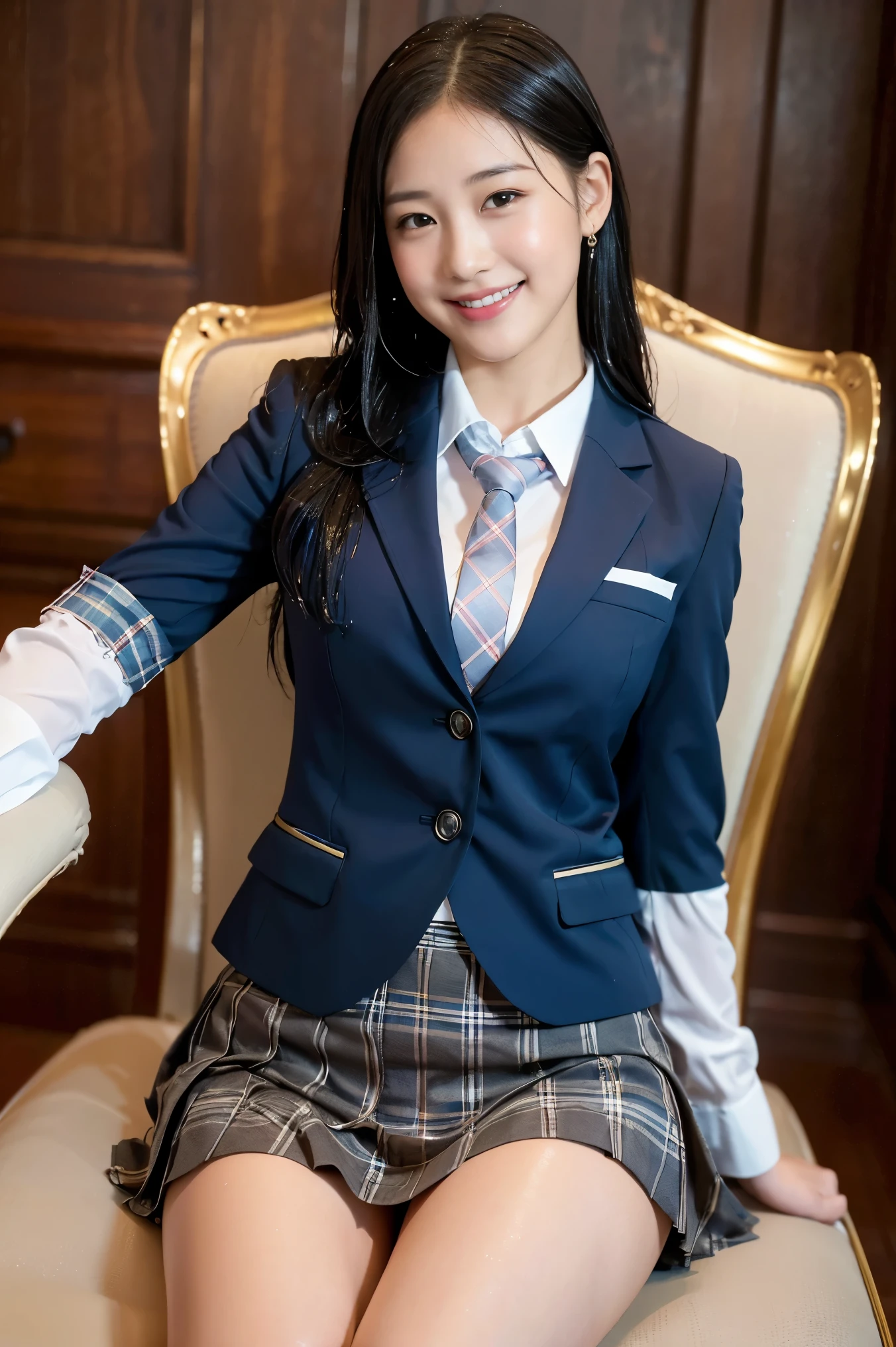 (8K), (highest quality: 1.2), (Realistic), (Realistic: 1.37), Ultra-high resolution, 1 girl, cute, (Embarrassed smile:1.2), (Blushing:1.4),Mouth closed, Beautiful details, Beautiful Nose, black straight Hair, giant dulcefo, pork, Thighs,Navel exposed,University Student Uniform,A simple blazer,Pleated skirt,(The skirt and tie are tartan check pattern.:1.3), (sitting on big chair of princess:1.2),(Shiny wet Thighs:1.4), medium shot ,(脚を閉じて:1.5)