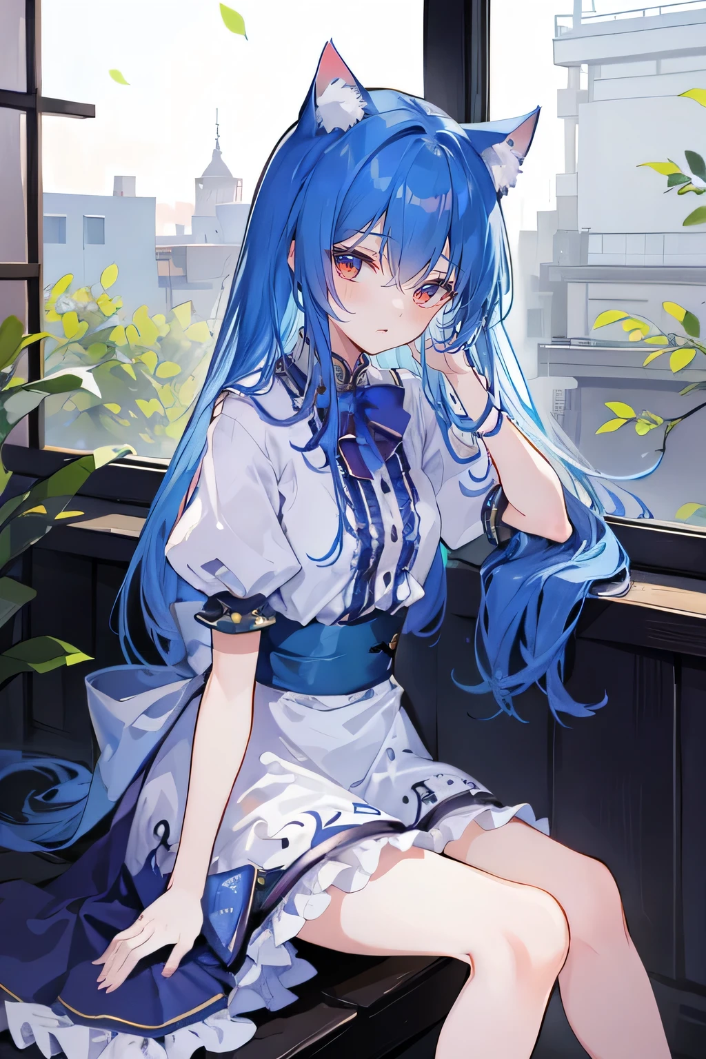(masterpiece:1.2),Extremely detailed,Practical,expressive eyes,Fair skin,Perfect face shaping,1 Girl,
Japanese cartoons,Gorgeous blue hair, the long flowing blue hair,Floating clothes,Cat ears,Petals fall,beautiful lola,Young Angel,
Place your hands on your waist,sit elegantly on the ground,Cross your legs,Gentle and peaceful background,stately church,Place your hand on your lips,sitting on window sill drinking coffee and looking out the window