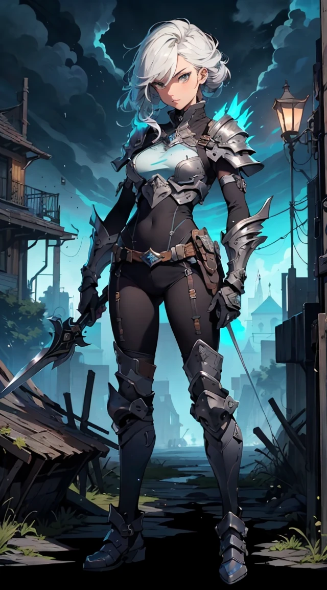 (((masterpiece, best quality, high detailed, 8k))) Design a layout showcase Gaming character, (1girl). Silver|Blue clothes, stylish and unique. ((showcase weapon:1.4)), lightning rod. (masterpiece:1.2), (best quality), 4k, ultra-detailed. (Step by step design, layout art:1.5), (luminous lighting, atmospheric lighting). storm mage, ((glove full hands)), (((revealing clothes:1.3))), vambraces, armored legwear, (((full_body_shot:1.4))). {During a thunderstorm}.