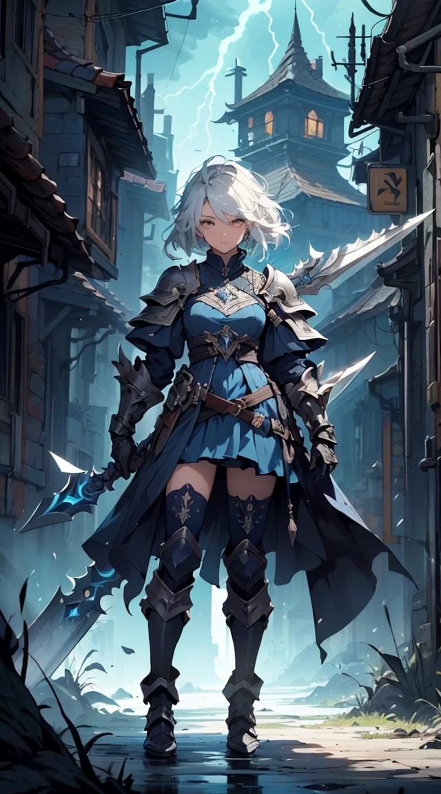 (((masterpiece, best quality, high detailed, 8k))) Design a layout showcase Gaming character, (1girl). Silver|Blue clothes, stylish and unique. ((showcase weapon:1.4)), lightning rod. (masterpiece:1.2), (best quality), 4k, ultra-detailed. (Step by step design, layout art:1.5), (luminous lighting, atmospheric lighting). storm mage, ((glove full hands)), (((revealing clothes:1.3))), vambraces, armored legwear, (((full_body_shot:1.4))). {During a thunderstorm}.