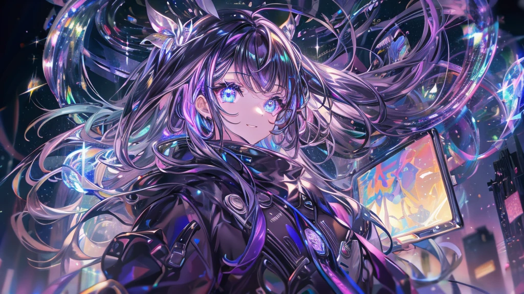 whole body:2 Equipment:2、((City of night))),((Ultra-detailed,Highest quality, High resolution)), (1 girl)(eye shadow, Eyeliner,Glow Eyes, Ultra-detailed目, Complex eyes, Beautiful Eyes, Frills.smile .machinery background.((High contrast RGB effect, LED Effect, Kaleidoscope effect, Glowing effect, Ripple effects, Glitter RGB Effect)) 