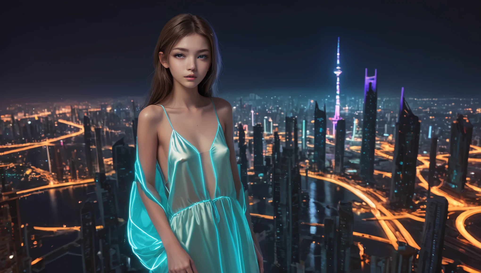 Top Quality, Masterpiece, High Resolution, 8k, (((cute skinny barely legal girl in oversized silky nightgown with plunging neckline, wide neckline, deep neckline, small perky breasts, beautiful detailed eyes, beautiful detailed lips, small closed mouth, extremely detailed face, randowm long hair style, small hips))), cyberpunk apartment, moody atmosphere, dramatic and random neon colors, futuristic setting, intricate details, at night, backlit, random neon clor, full body shot, view from distance 
