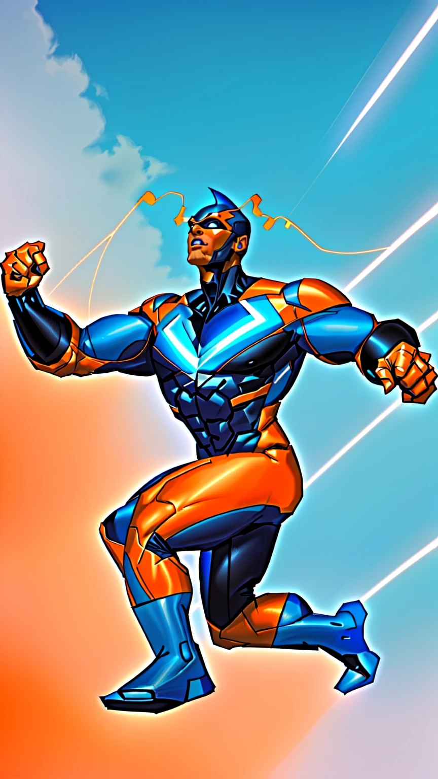 Master Piece, best quality, (extremely detailed CG unity 8k wallpaper), (best quality) 8k detail. COMIC ART,  a close up of a drawing of a man in a blue suit,  tall muscular bald black man in blue skin tight costume that covers his whole body except his chin and mouth, he is wearing orange eye goggles, there is an orange fin on top oh his head, he has an orange chest design of a "U", large blue man has small electrical static discharge visible on his skin. full portrait, superhero character, 90s comic book character design, comic book character, heroic masculine pose, caracal cyborg, full body concept, some orange and blue, vibrant fan art, no backdrop, white background.
