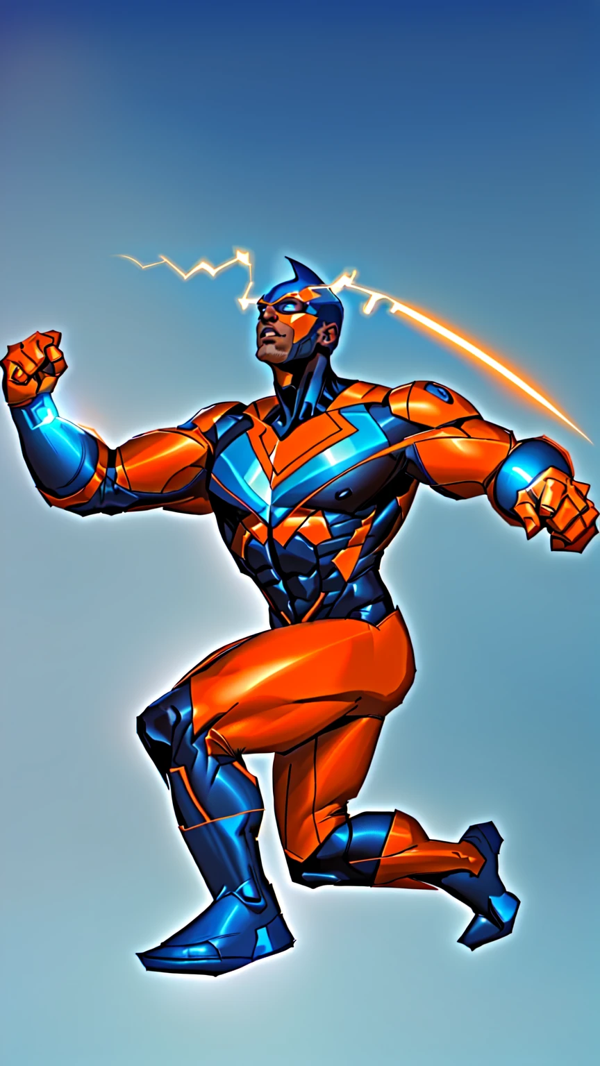 Master Piece, best quality, (extremely detailed CG unity 8k wallpaper), (best quality) 8k detail. COMIC ART,  a close up of a drawing of a man in a blue suit,  tall muscular bald black man in blue skin tight costume that covers his whole body except his chin and mouth, he is wearing orange eye goggles, there is an orange fin on top oh his head, he has an orange chest design of a "U", large blue man has small electrical static discharge visible on his skin. full portrait, superhero character, 90s comic book character design, comic book character, heroic masculine pose, caracal cyborg, full body concept, some orange and blue, vibrant fan art, no backdrop, white background.
