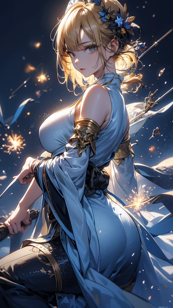 masterpiece, high quality, 4K, Beautiful design, silhouette,blonde, 非常に詳細な夜のStarry Sky,Cold ice world, wonderful, Finer details, Very knowledgeable woman, Highly detailed solo, 1 female,Big Breasts,Butt Emphasis,High-neck dress,Sleeveless,Night view,Starry Sky,full moon,firework,