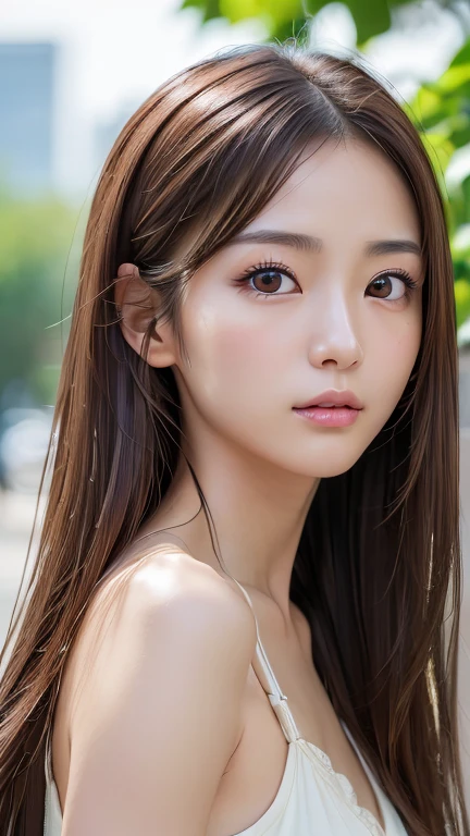 (masterpiece:1.3), (Photorealistic, RAW Photos, Highest quality: 1.4), Skinny Japanese woman, 23 years old, (One Girl), (A vivid face), Detailed face, Detailed eye resolution, (Brown hair, Fluttering Hair、Show your forehead、Long Hair:1.3), (Realistic Skin), (Black camisole), Ultra-high resolution, Surreal, High definition, 