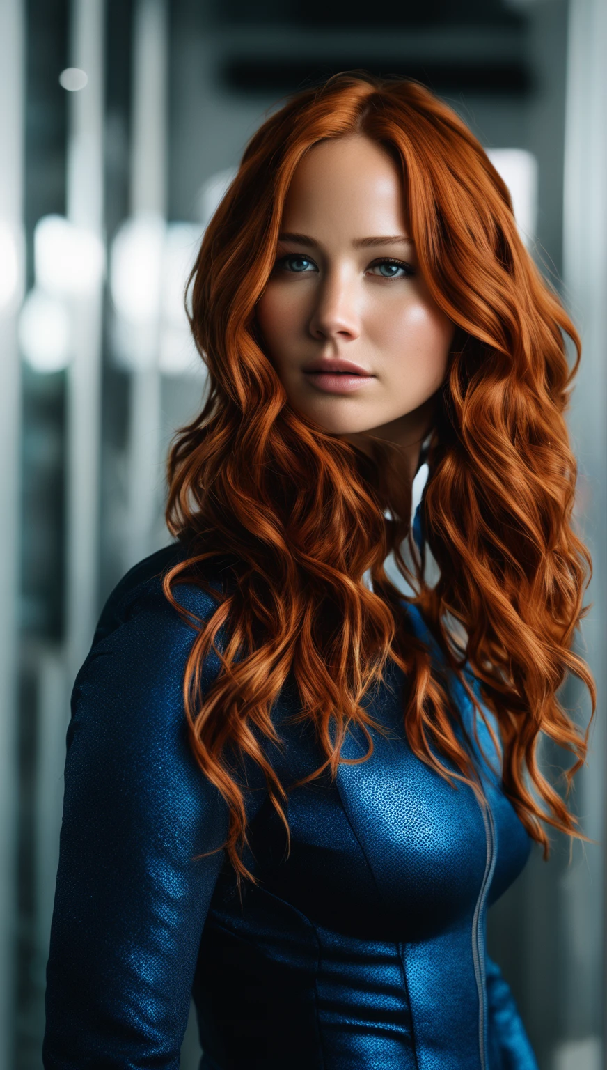 a close up of a woman in a blue costume with red hair, cinematic, jennifer lawrence, movie character, comic book character, marvelous expression, profile shot, amazing!, amazing, full body portrait