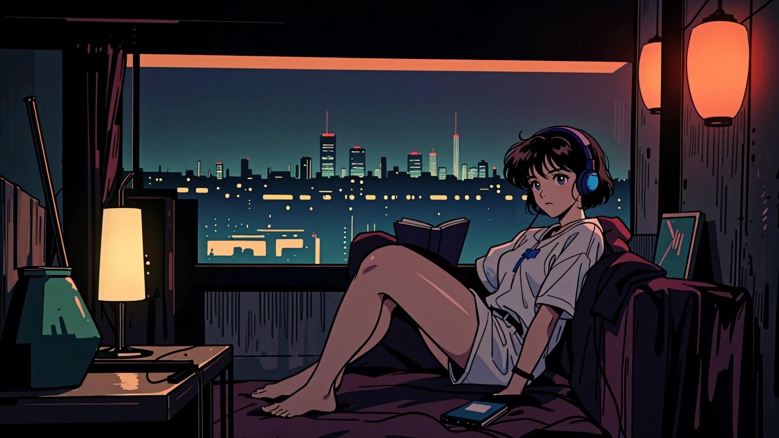 Wide shot of an 80s anime style girl in her dimly lit bedroom at night. She's sitting at a desk with books, wearing headphones. The room is illuminated mainly by a desk lamp and the glow from a large window showcasing a vibrant nighttime Tokyo cityscape with neon lights. Full body visible in a relaxed pose. High-quality, detailed illustration in classic 80s anime style emphasizing the contrast between the dark room and the bright city lights outside.