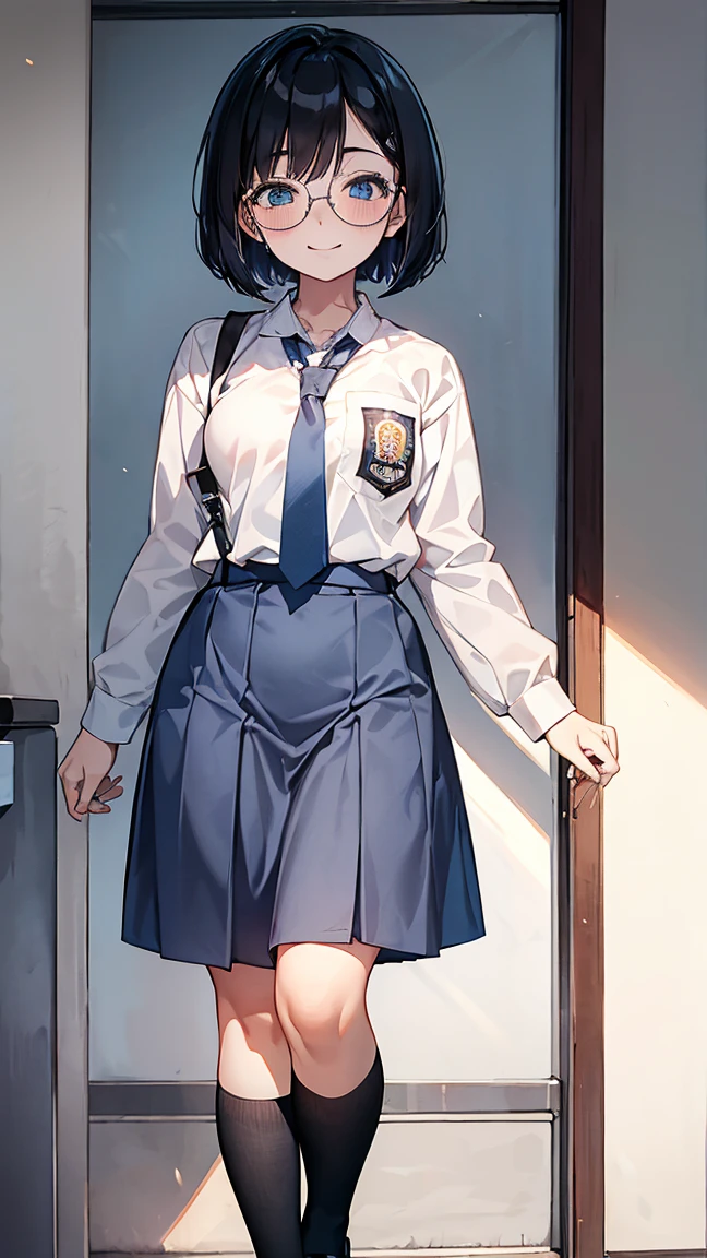 Best quality, 1 woman, 17 years old, (short bob haircut, black hair), scared face expression, plump body, blue eyes, Indonesian high-school uniform, (wearing transparent white shirt, long sleeves), osis logo on shirt pocket, medium breasts, light-grey long skirt, light-grey tie, over knee socks, standing pose, full body shot, shy face, smiling, blush, looking_at_viewer, glasses, black-framed eyewear, in the classroom,