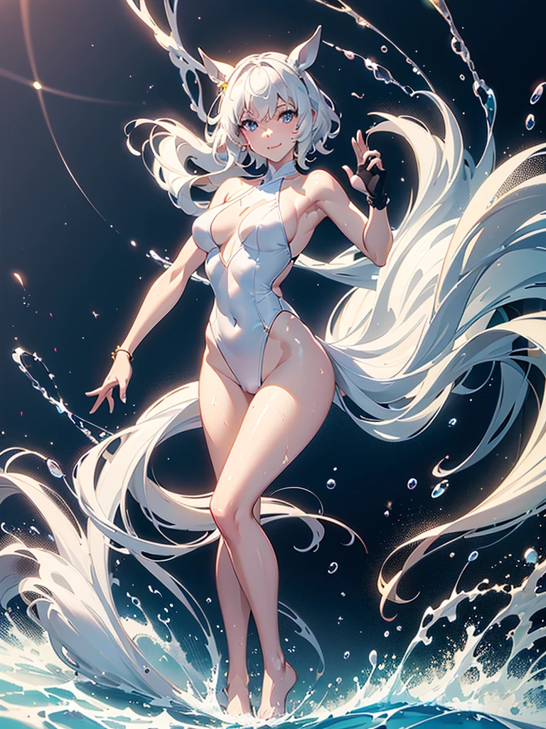 ((16k, highest quality, master piece: 1.2, super detailed, super high resolution, super detailed)), 1 girl, CurrenChan \(umamusume\), White hair, short hair, black horse earste,Horse tail, beautiful detailed face, beautiful detailed eyes, soft expression, slim Beautiful figure, curvaceous, Small breasts, slender arms, graceful hands, delicate fingers, slim wrists, elegant neck, bare shoulders, smooth skin, Seaside, sandy beach, Outdoors, blue sky,(Black Bikini,White one-piece swimsuit,, drenched, Wet skin)), Cute Smile:1.5,Full body