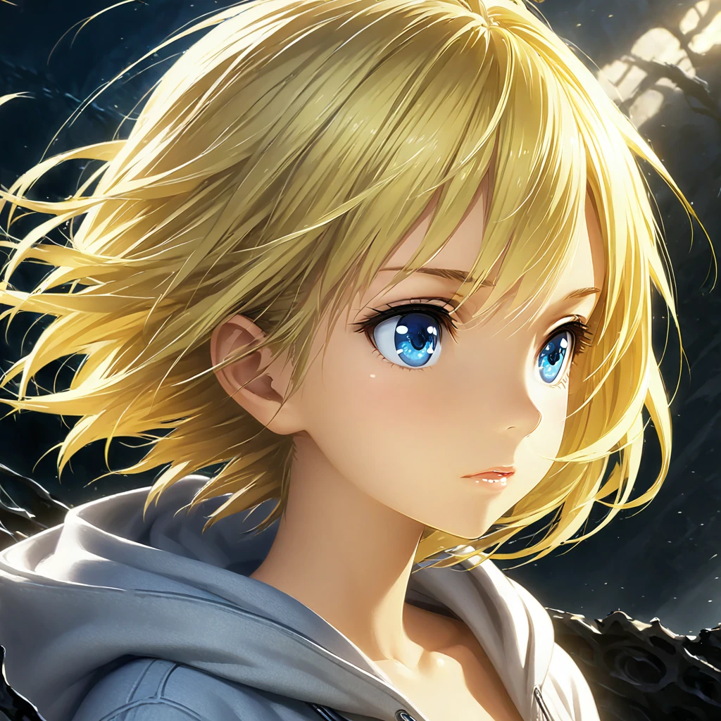 girls profile picture, portrait:1.2, Practical, blue eyes, Blonde hair, Mid-chest, 4K resolution, High quality CG, Beautiful CG, Soft Light, Octane Rendering, white naked hoodie, short hair flowing in wind
