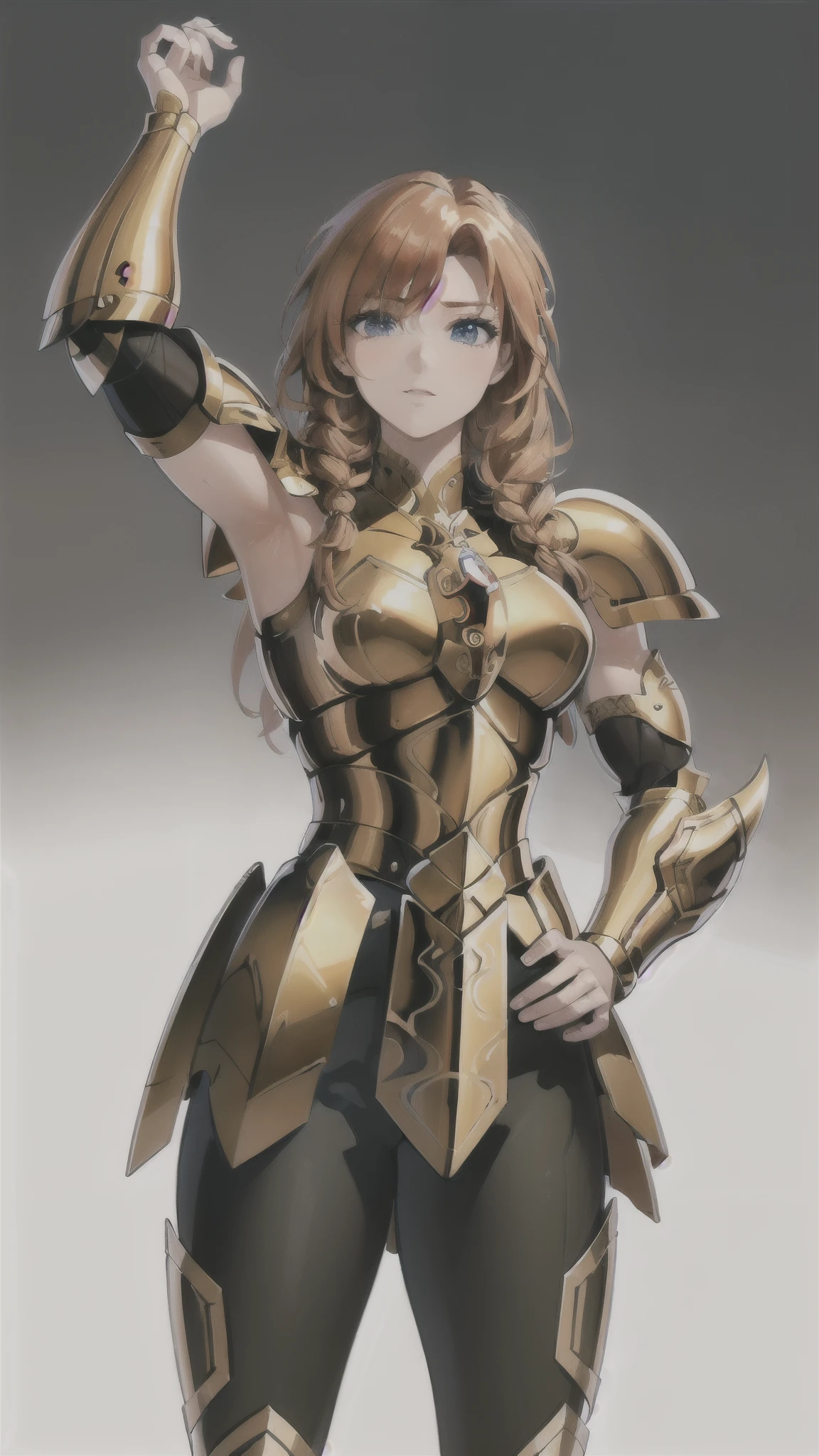 (masterpiece, best_quality, ultra-detailed, immaculate:1.3), epic, illustration, warrior lord , (armor:1.3), ginger hair, Side Swept Dutch Braid, arm up, simple background,