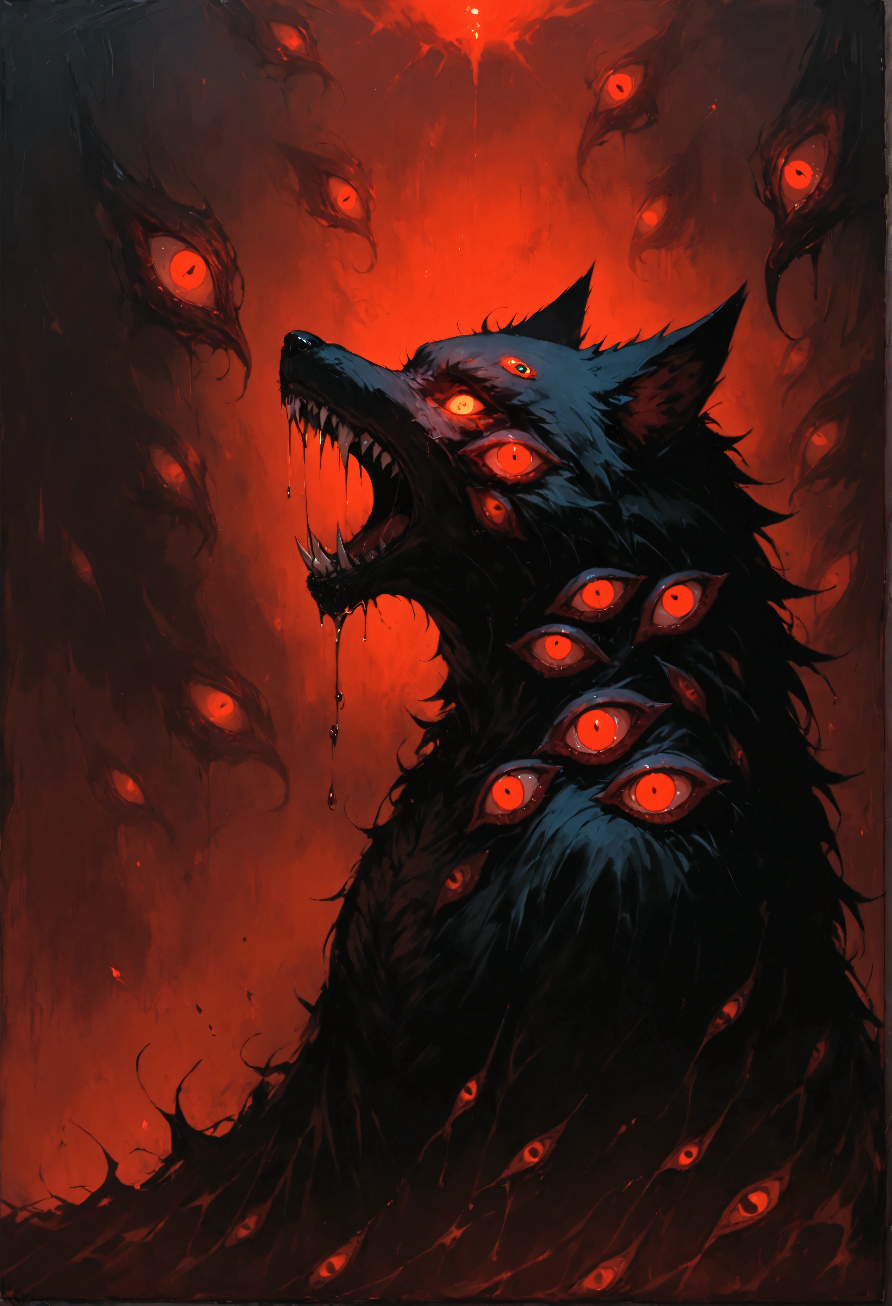 (best quality, 4K, high resolution, masterpart: 1.2), ultra detail,grotrsco wolf covered in red eyes. medium: oil painting, horror, night scene, dark atmosphere, sinister shadows, glaring red eyes, powerful presence, sharp teeth, raw fur, full moonlight, ominous mood, strange silhouette, supernatural presence, dense fog, ancient runes, whispering winds, mysterious atmosphere, untameable nature, sinister energy, suspense, terrible creatures, hint of danger, grotesque transformation, unleashing chaos and power, wickedly beautiful. score_9, score_8_up, score_7_up, source_anime wolf covered in eyes, eyes, red eyes, liquid, ((extra eyes)), dynamic, spooky smile, tentacled hair with red eyes, cel shading, red theme,(no humans),de perfil