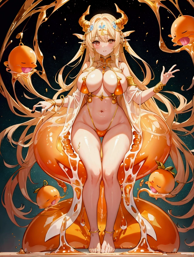 Highest quality, masterpiece, Ultra-high resolution, female、Big Breasts、聖femaleが人外化した、curse、Humanoid Slime、Translucent fluid body、Orange Slime、聖femaleの衣装、in trouble、Whole body jelly、Full body portrait、Inside the Labyrinth