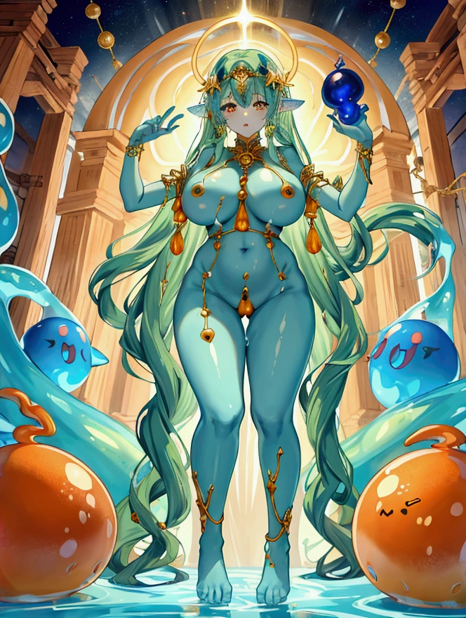 Highest quality, masterpiece, Ultra-high resolution, female、Big Breasts、聖femaleが人外化した、curse、Humanoid Slime、Translucent fluid body、Orange Slime、聖femaleの衣装、in trouble、Whole body jelly、Full body portrait、Inside the Labyrinth
