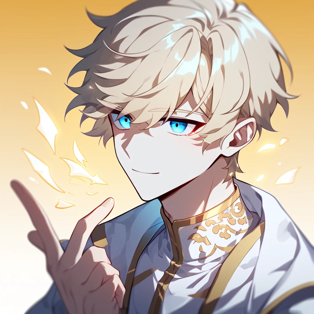 1 young man, focus man , No smile, angel , short hair, Light blonde hair, light blue eyes , white skin, Wear yellow jewelry., He wore a white robe with some gold embroidery. , Fantasy, The best aesthetics , best quality, Amazing quality, The best aesthetics