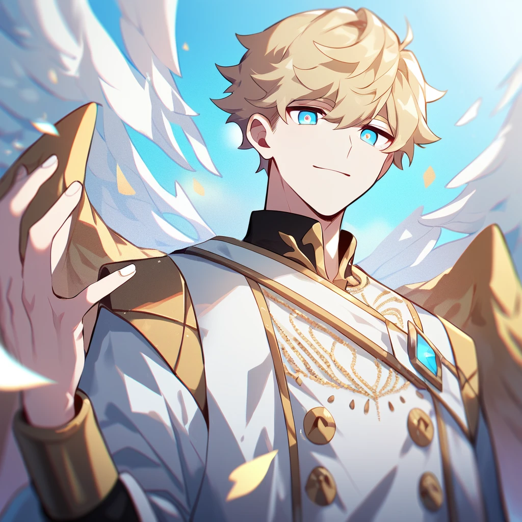 1 young man, focus man , No smile, angel , short hair, Light blonde hair, light blue eyes , white skin, Wear yellow jewelry., He wore a white robe with some gold embroidery.  , Fantasy, The best aesthetics , best quality, Amazing quality, The best aesthetics
