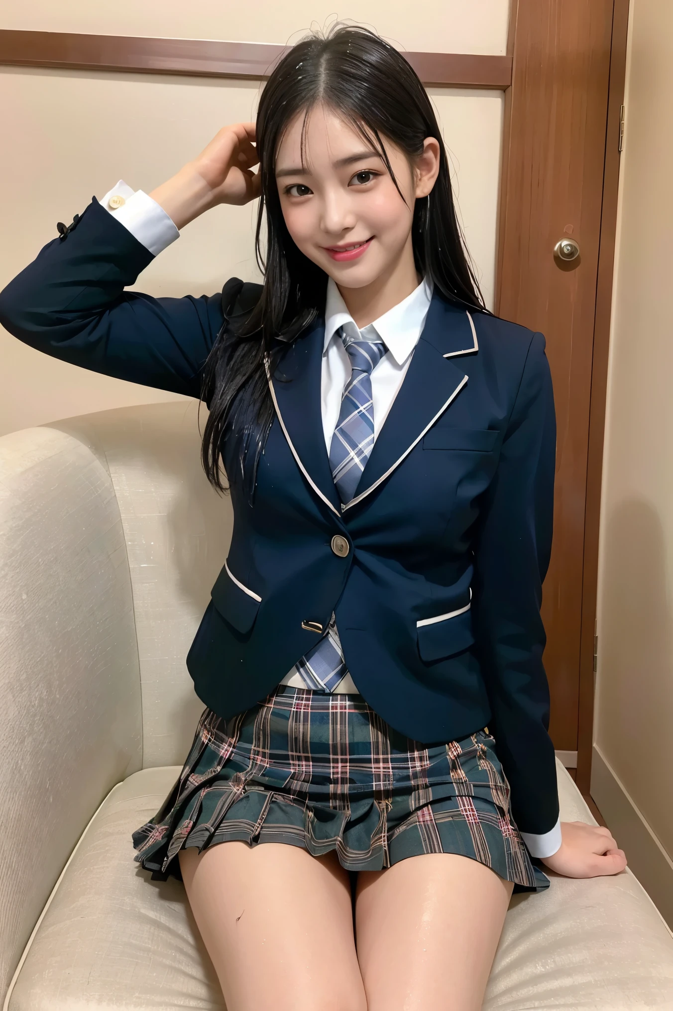(8K), (highest quality: 1.2), (Realistic), (Realistic: 1.37), Ultra-high resolution, 1 girl, cute, (Embarrassed smile:1.2), (Blushing:1.4),Mouth closed, Beautiful details, Beautiful Nose, black straight Hair, giant dulcefo, pork, Thighs,Navel exposed,University Student Uniform,A simple blazer,Pleated skirt,(The skirt and tie are tartan check pattern.:1.3), (sitting on big chair of pri:1.2),(Shiny wet Thighs:1.4), medium shot ,(脚を閉じて:1.5)