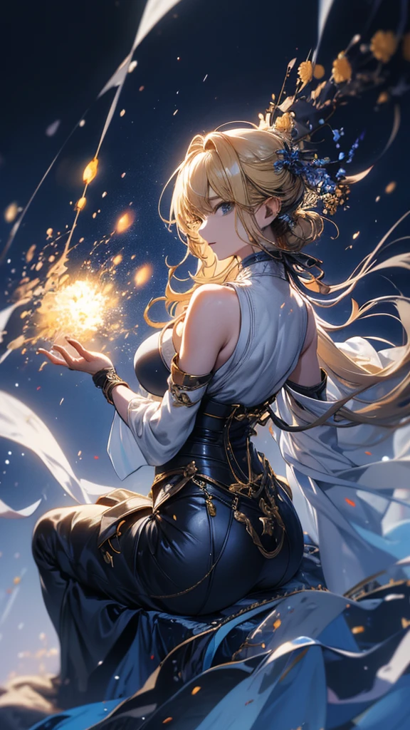 masterpiece, high quality, 4K, Beautiful design, silhouette,blonde, 非常に詳細な夜のStarry Sky,Cold ice world, wonderful, Finer details, Very knowledgeable woman, Highly detailed solo, 1 female,Big Breasts,Butt Emphasis,High-neck dress,Sleeveless,Night view,Starry Sky,full moon,How to sit,firework,