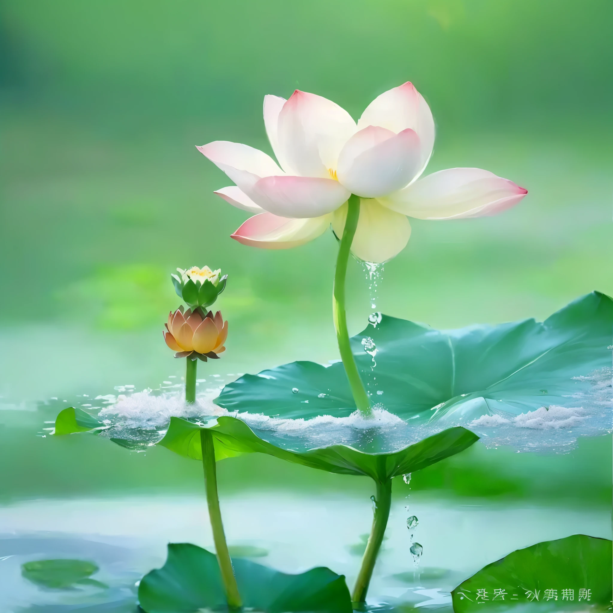 There is a pink flower growing out of a leaf, lotuss, lotus, 优雅地站在lotus上, sitting on a lotus, lotuss on the water, lotus瓣, 站在lotus上, lotus, Aquatic plants, with lotuss, Beautiful flowers, lotus池, Realistic flower oil painting, Beautiful wallpapers