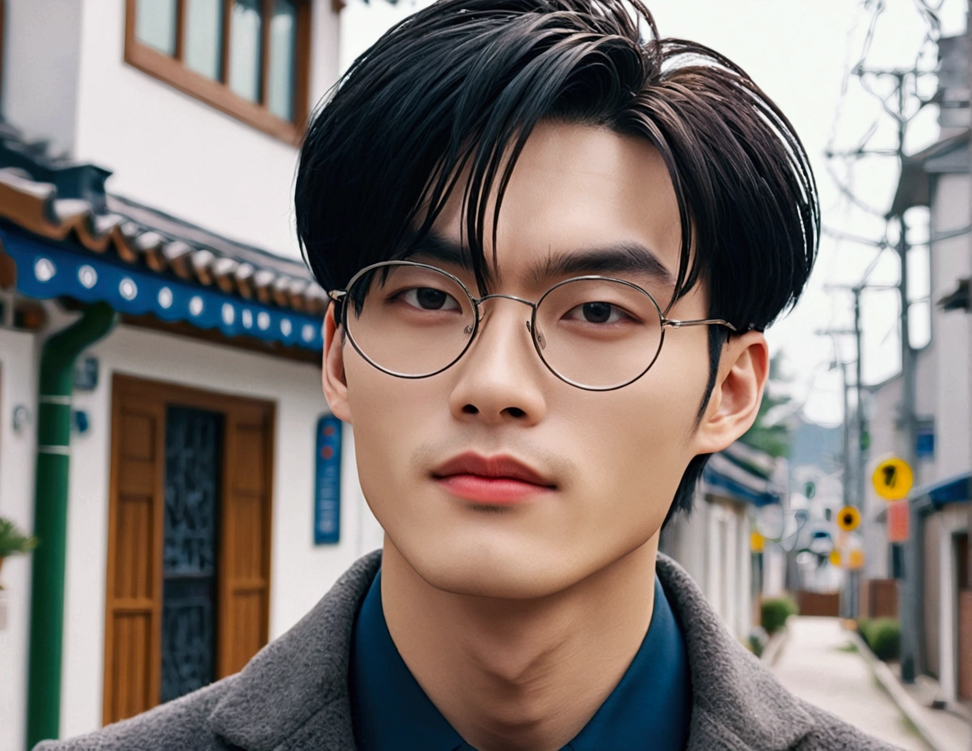 a guy with Korean features, His hair is black and straight, cut short on the sides and a little longer on top, he has almond-shaped eyes, with long eyelashes and well-defined eyebrows, His skin is naturally fair, with a warm and healthy tone, slim and athletic, He can wear a modern and elegant style,he is in front of his new house,he wears round glasses, He's wearing an elegant suit and tienaked, naked sexy his dick is big and beautiful, yummy ,he is naked ,he has no clothes, he is naked with an erect dick