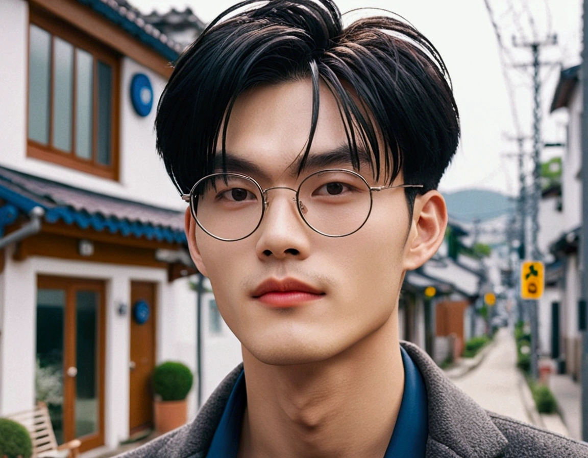 a guy with Korean features, His hair is black and straight, cut short on the sides and a little longer on top, he has almond-shaped eyes, with long eyelashes and well-defined eyebrows, His skin is naturally fair, with a warm and healthy tone, slim and athletic, He can wear a modern and elegant style,he is in front of his new house,he wears round glasses, He's wearing an elegant suit and tienaked, naked sexy his dick is big and beautiful, yummy ,he is naked ,he has no clothes, he is naked with an erect dick