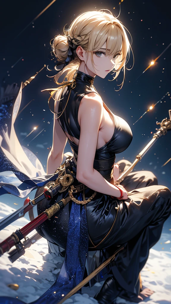masterpiece, high quality, 4K, Beautiful design, silhouette,blonde, 非常に詳細な夜のStarry Sky,Cold ice world, wonderful, Finer details, Very knowledgeable woman, Highly detailed solo, 1 female,Big Breasts,Butt Emphasis,High-neck dress,Sleeveless,Night view,Starry Sky,full moon,How to sit,firework,