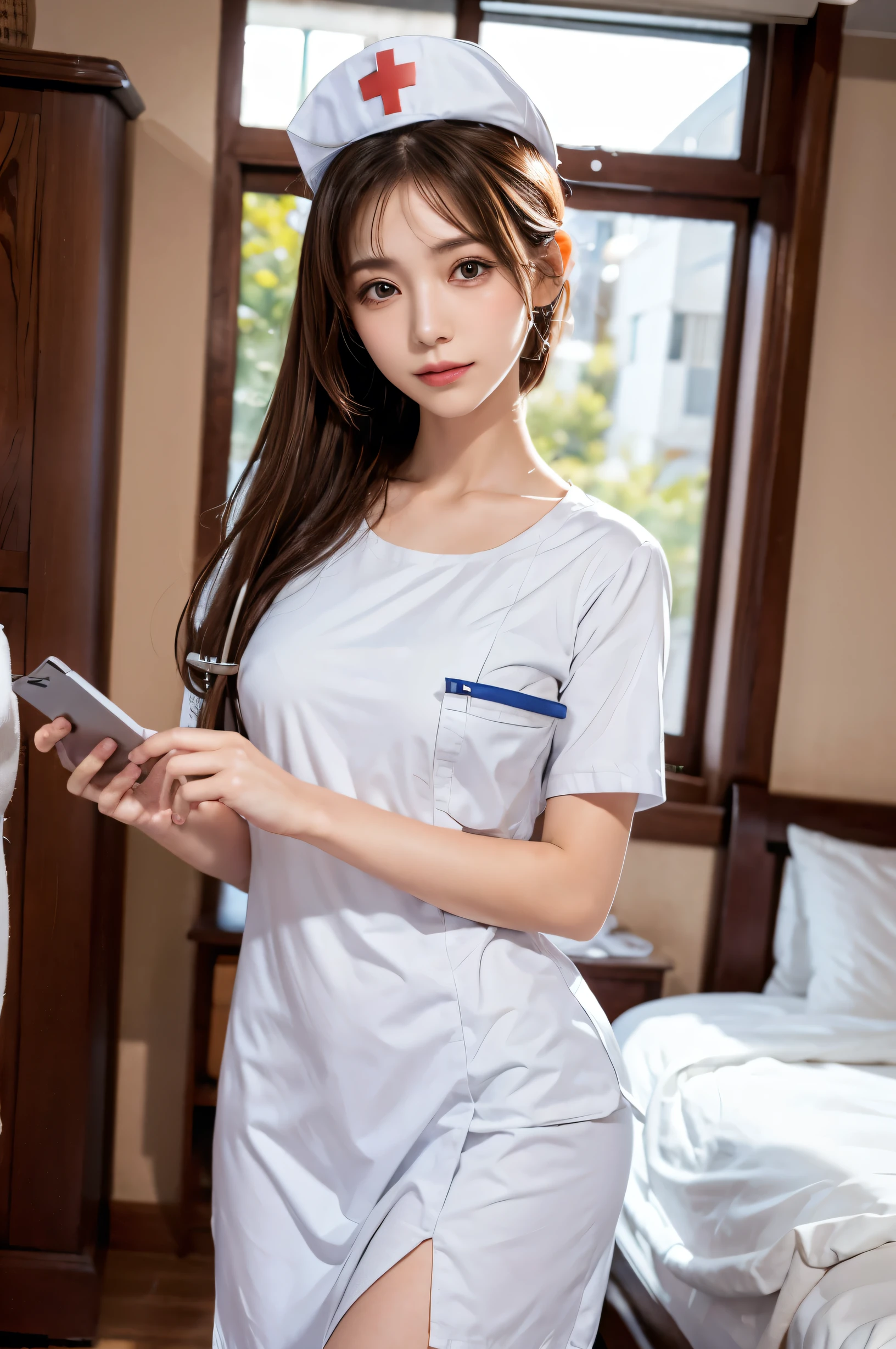 grow、Shy smile、(During sex、During sex、During sex):1.3、Panting Face、lack、Tanned and shiny skin、After being attacked、(1girl)、20 years old, nurse、black eyes、(dark brown hair、Bun hair)、full of sweat、(Having sex with man)、(A penis is in a woman's genitals)、Straddling a man、Cowgirl、grasp penis, in the hospital